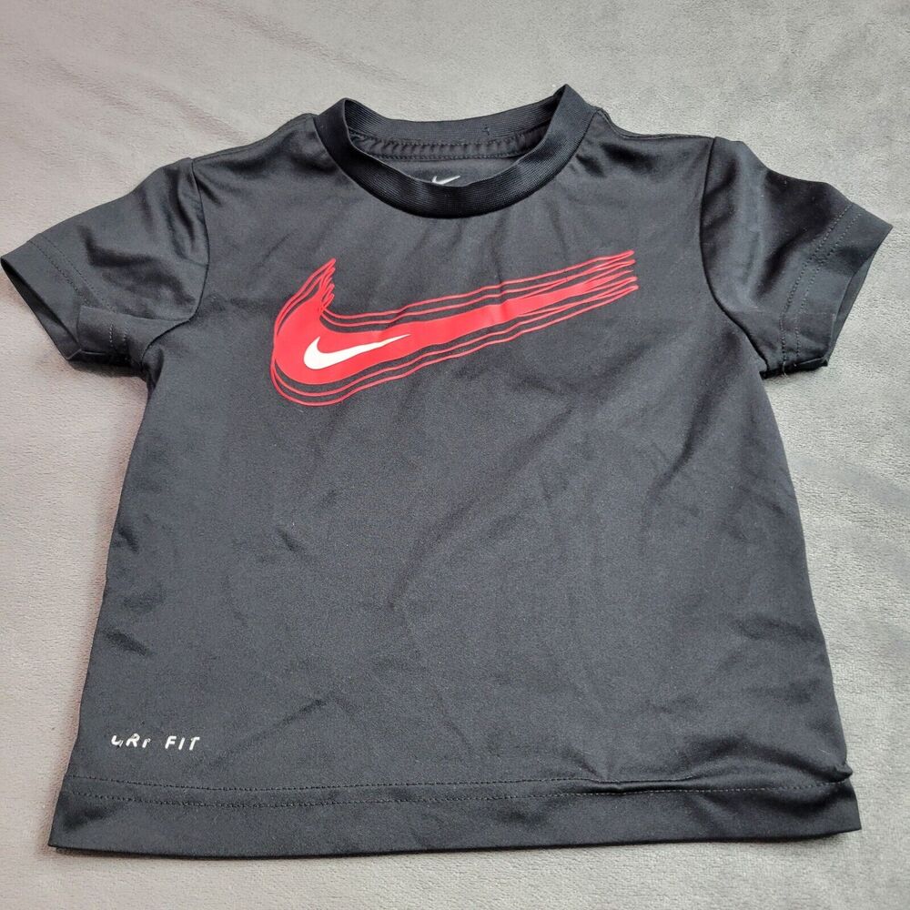 Nike DriFit Boy Size 2 Toddler Tee Black Crew Neck Large Red Swoosh Pullover Top